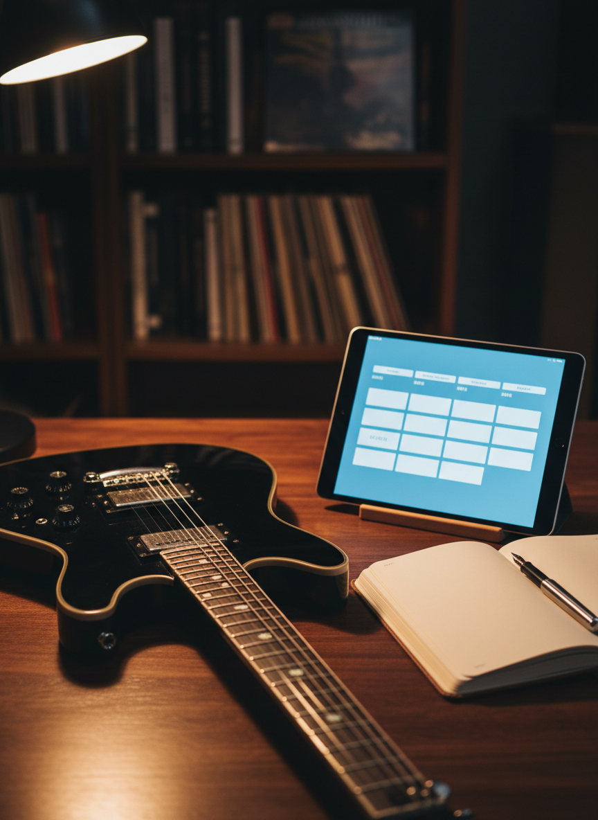 An elegant, close-up shot of a glossy black electric guitar laid across a dark wooden desk, with an open leather-bound notebook, a fine pen, and a tablet displaying a structured lesson schedule and pricing grid in abstract icon form. No text is readable, only subtle rectangular shapes and lines suggesting packages and rates. Warm desk lamp lighting pools across the guitar’s polished surface, revealing delicate reflections on the strings and pickups. The background fades into soft bokeh of a refined home studio with shelves of neatly arranged music books and vinyl records. The composition uses rule of thirds and a slightly elevated angle, conveying an organized, premium tutoring service in a clean, photographic, sophisticated style.